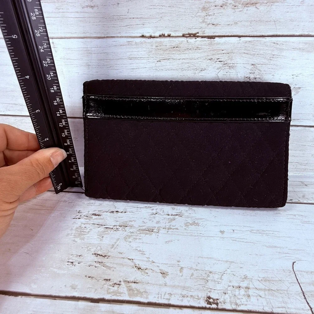 Vera Bradley Black Quilted Cotton Trifold Wallet Patent Trim Silver Logo Plaque - Picture 2 of 4